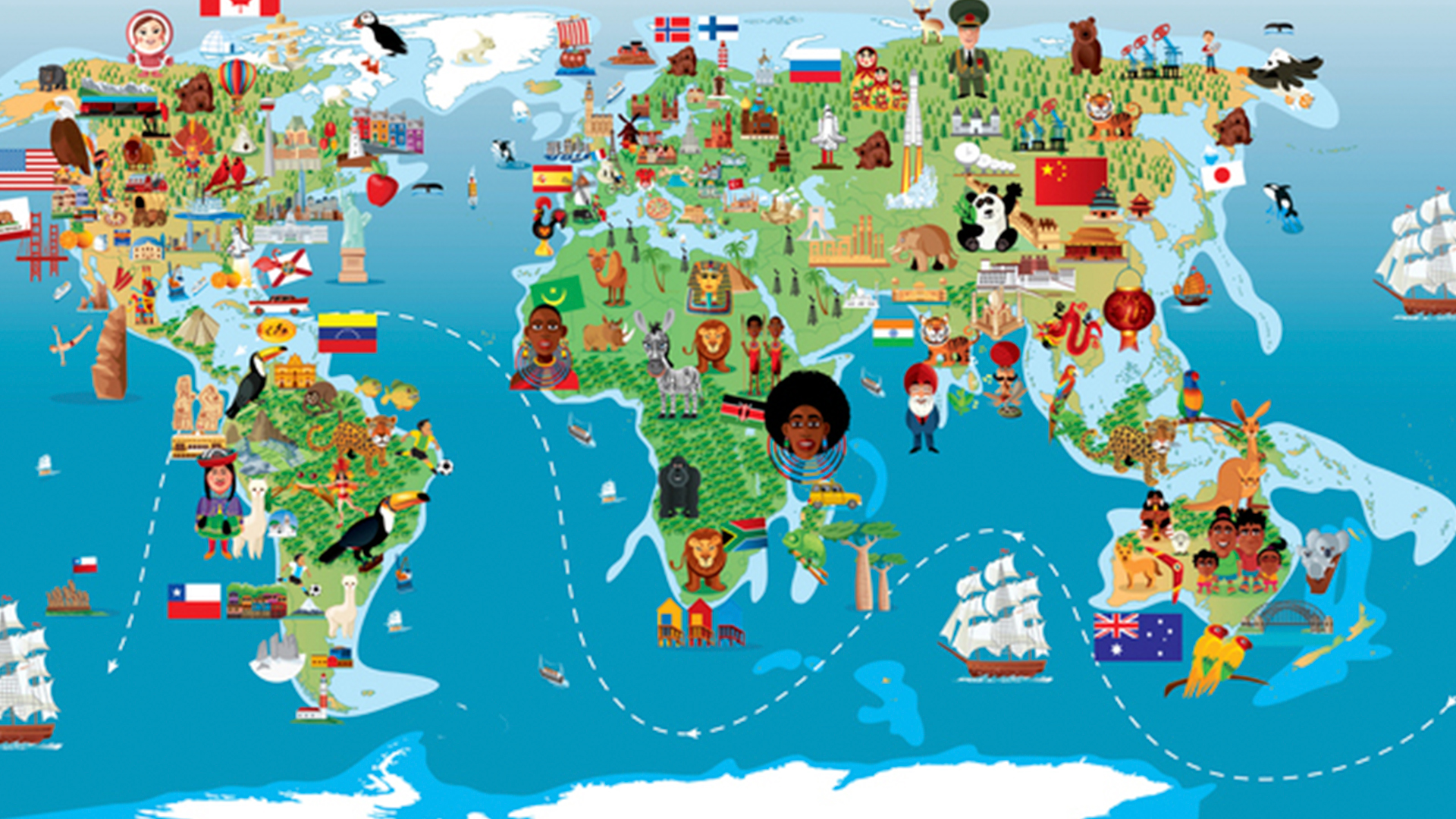 Práticas educacionais: ilustração de um mapa mundi, com elementos em cada continente.