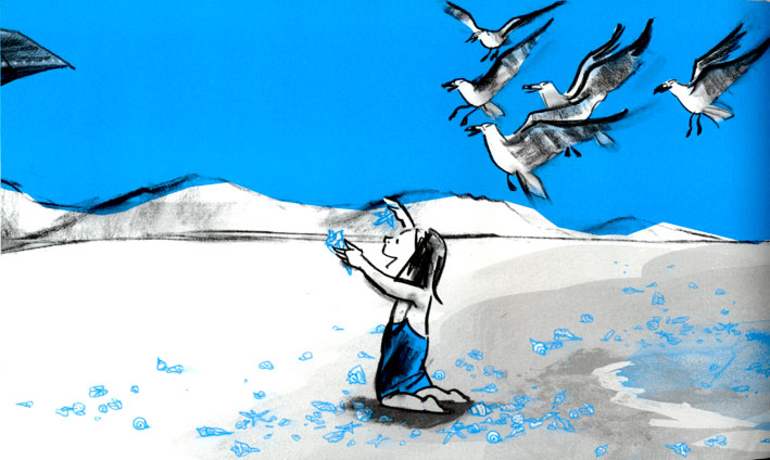 Ilustração azul e branca mostra uma menina brincando à beira mar, com passarinhos voando sobre sua cabeça.