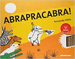 Capa do livro "Abrapracabra", de Fernando Vilela, com ilustração de uma cabra que está com uma lâmpada mágica na mão e tem animais que olham para ela. 