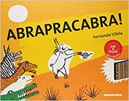 Capa do livro "Abrapracabra", de Fernando Vilela, com ilustração de uma cabra que está com uma lâmpada mágica na mão e tem animais que olham para ela. 