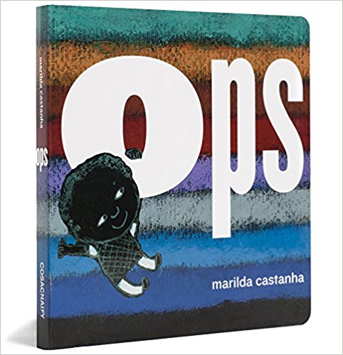 Capa do livro "Ops", de Marilda Castanha, com ilustração de uma criança que se pendura na letra "O'. 