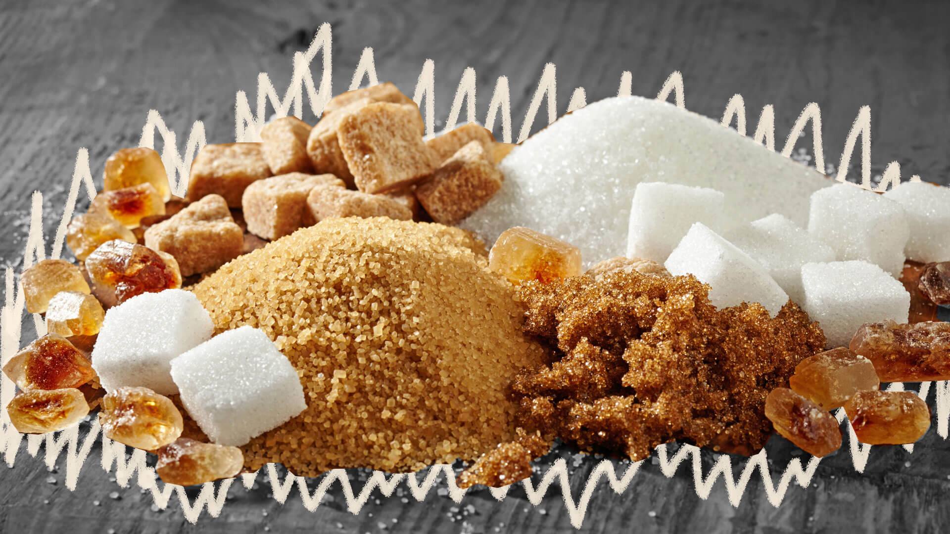 Tipos de açúcar: foto de vários de tipos açúcar espalhados em uma mesa.
