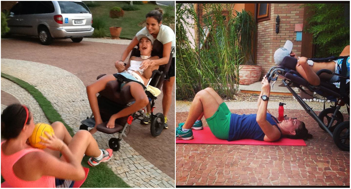 Duas fotos mostram uma criança com deficiência que participa de atividades físicas com adultos. 