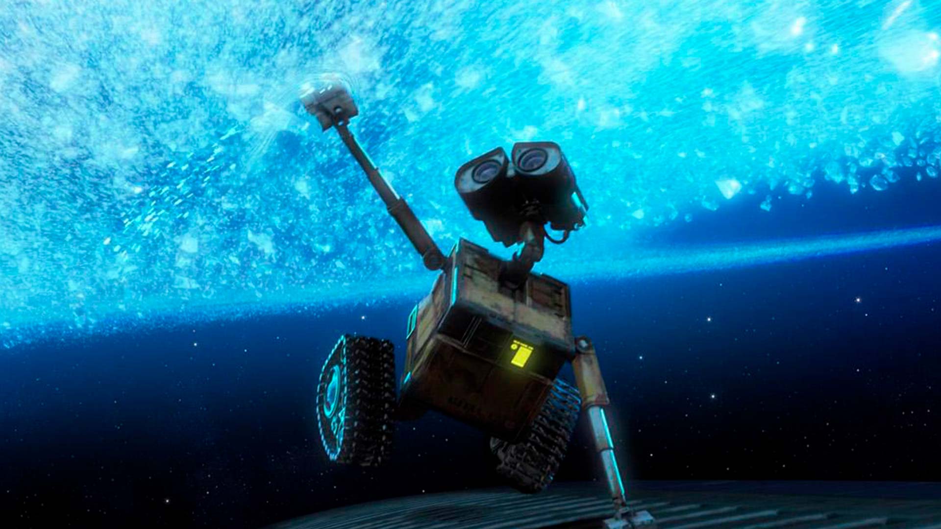 Filmes sobre preservação do meio ambiente: cena do filme 'Wall-E', em que há um robô que olha para cima, em que há um azul cintilante.