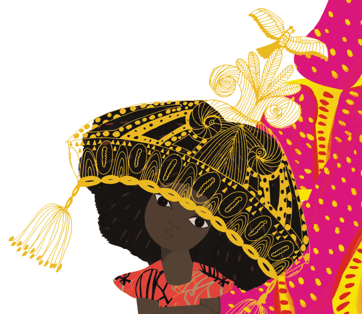 Ilustração de uma menina negra com uma coroa de ouro em cima do seus cabelos, com um pássaro dourado