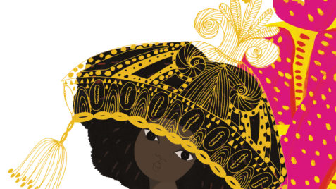 Ilustração de uma menina negra com uma coroa de ouro em cima do seus cabelos, com um pássaro dourado