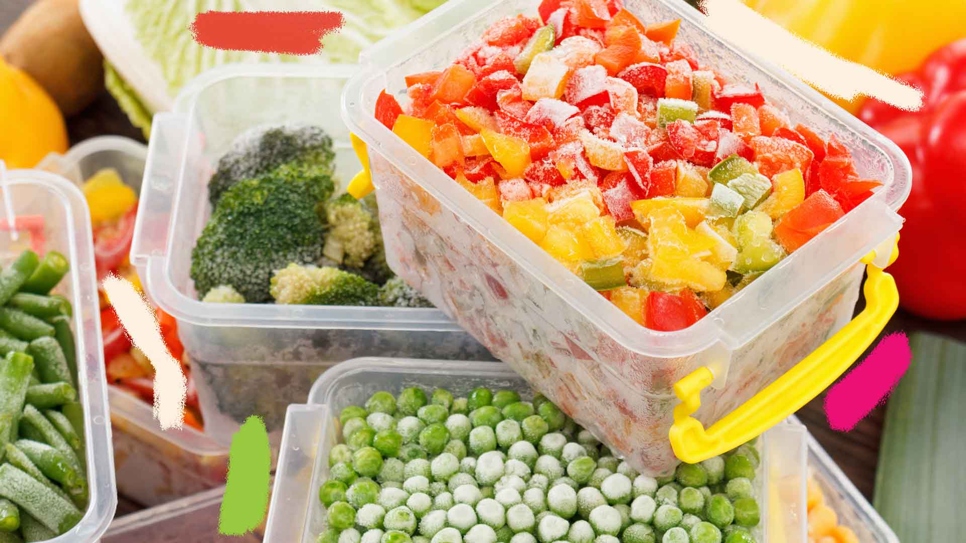 Diversos legumes congelados em potes de plástico, um em cima do outro.