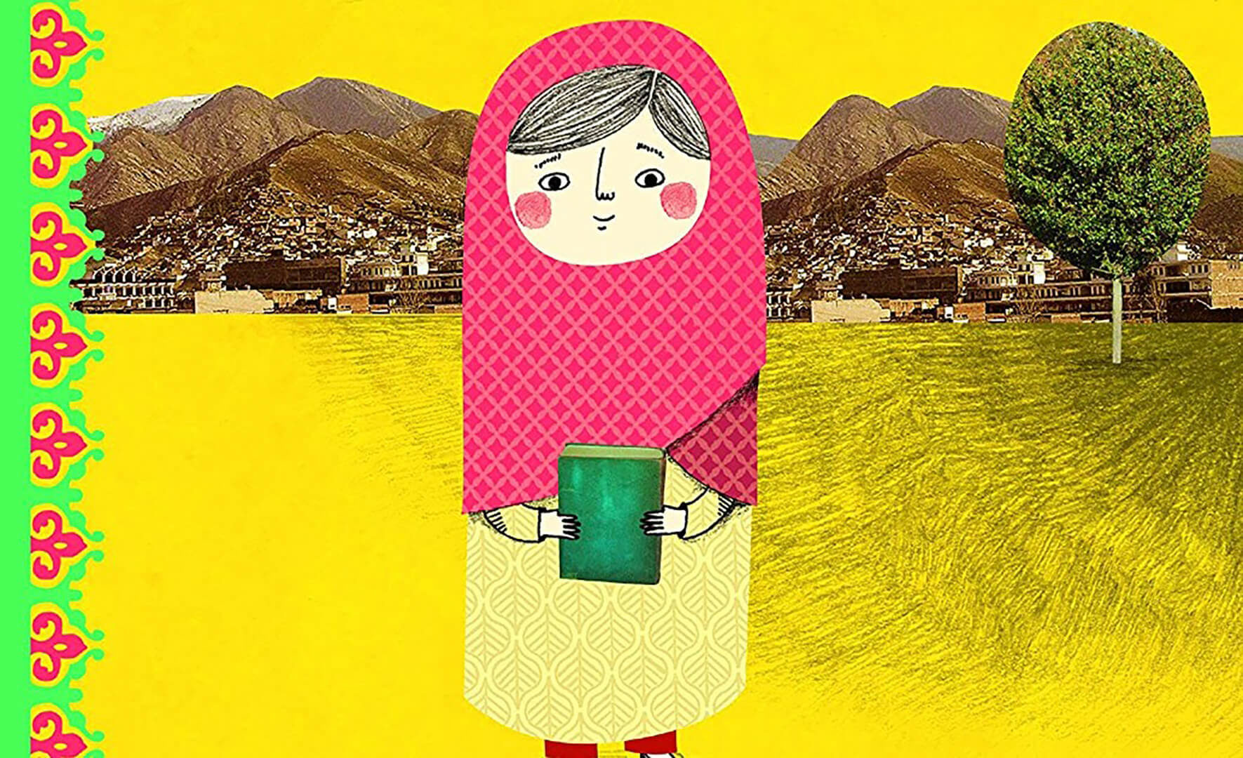 Desenho mostra uma mulher de vestido amarelo, segurando um livro de capa verde, com um chale rosa na cabeça. Ao fundo , nota-se um cenário predominantemente amarelo, com colagens de árvores e montanhas.