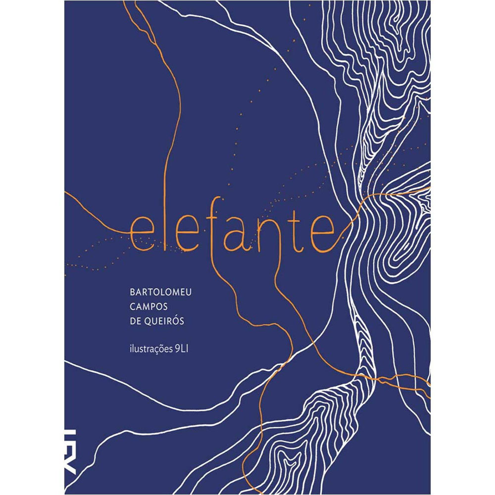 Capa do livro "Elefante", de Bartolomeu Campos de Queirós. Numa capa azul escuro, há linhas brancas e linhas alaranjadas que saem da palavra-título "elefante"