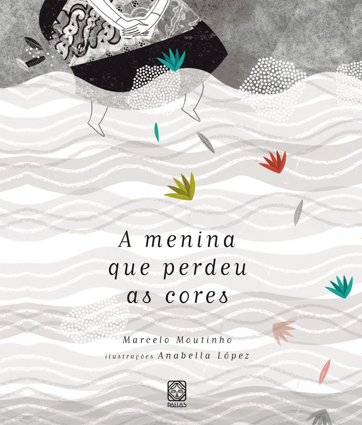Capa do livro "A menina que perdeu as cores", de Marcelo Moutinho e Anabella Lopez. Uma capa em que predomina o preto e o branco, que está em detalhes da menina, e alguns vestígios de flores coloridas pelo caminho por onde ela passou