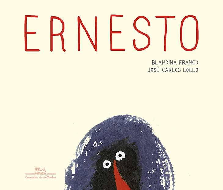 Capa do livro "Ernesto", de Blandina Franco. Num fundo amarelo bem clarinho, no centro inferior da página, está uma figura pela metade, embaixo do nome Ernesto