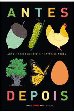Capa do livro "Antes depois", de Matthias Aregui e Anne-Margot Ramstein, com ilustração de elementos da fauna e flora, como uma noz, uma lagarta, uma galinha, uma árvore, uma borboleta e um ovo.