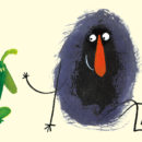Ilustração interna do livro "Ernesto", de Blandina Franco e José Carlos Lollo. Um monstro roxo e outro verde olham para o outro em um fundo cor de creme.