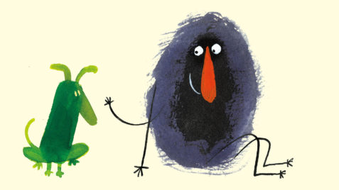 Ilustração interna do livro "Ernesto", de Blandina Franco e José Carlos Lollo. Um monstro roxo e outro verde olham para o outro em um fundo cor de creme.
