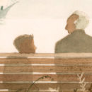 Ilustração interna do livro "O barco das crianças" mostra um garotinho e um senhor idoso de costas sentados em um banco de praça