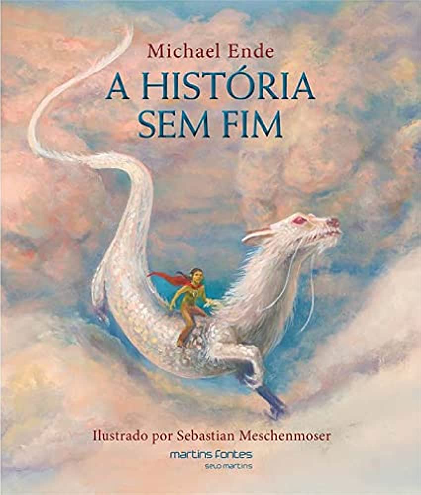 Capa do livro "A história sem fim". Uma criança voa em uma criatura mágica entre nuvens.