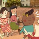 Livros infantis sobre adoção - Ilustração do livro "Flávia e o bolo de chocolate". Alguns personagens estão em um banco embaixo de uma árvore e, em destaque, uma mulher segurando um bebê
