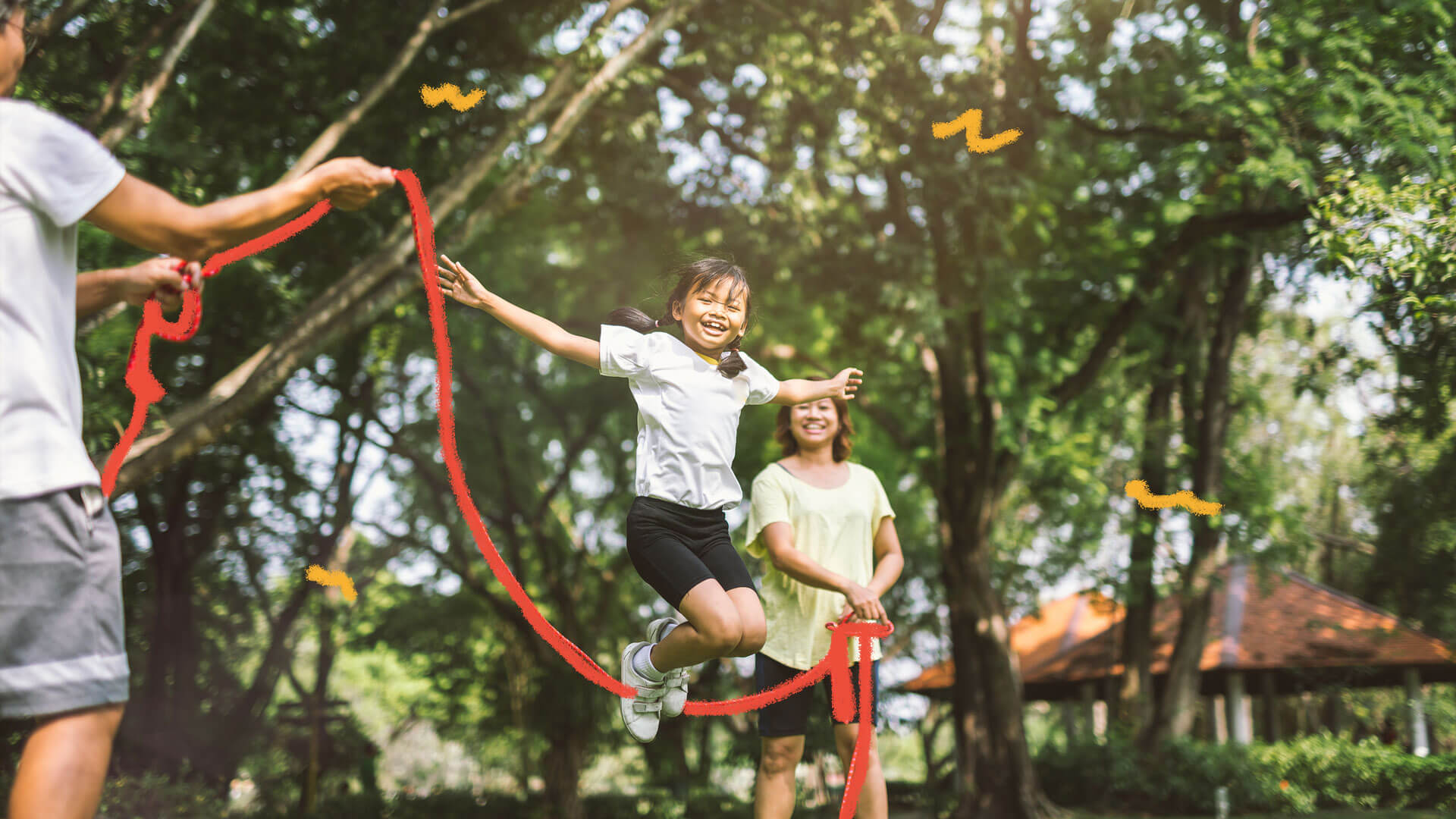 Brincadeiras para fazer a qualquer hora: Foto de menina pulando corda no parque.