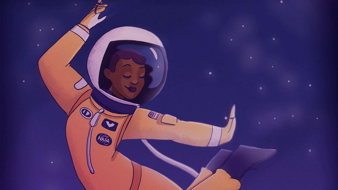 Ilustração mostra uma mulher negra vestindo capacete e macacão da nasa, no espaço.