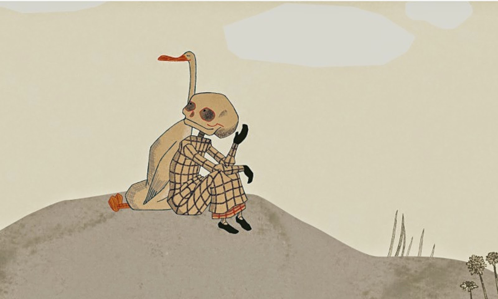 Ilustração interna do livro "O pato, a morte e a tulipa" mostra um pequeno pato conversando com uma caveira, sentados em uma pedra.