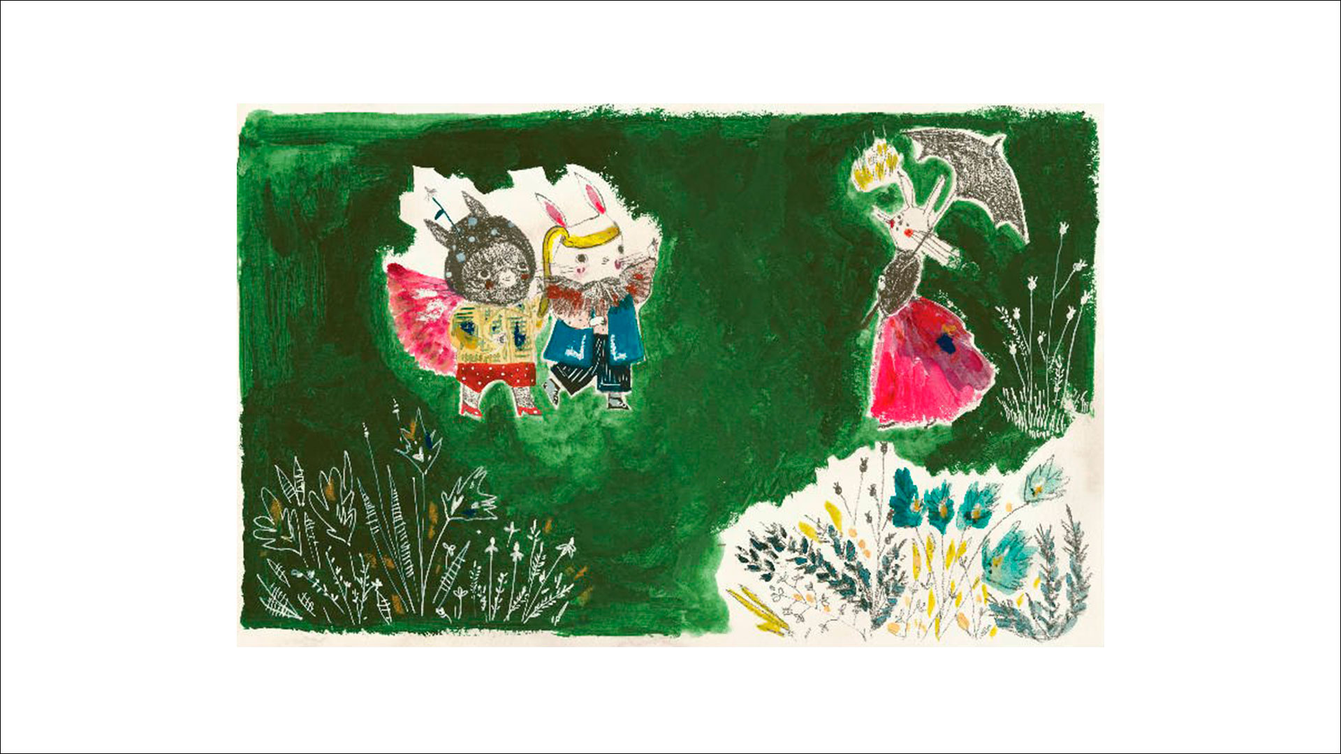 Ilustrações do livro"Pode Pegar" mostram coelhos brincando em um jardim