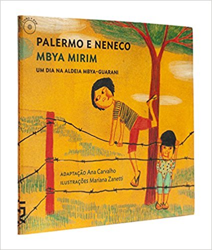 Capa do livro "Palermo e Neneco". A imagem possui fundo amarelo e mostra dois meninos tentando saltar uma cerca de arame. 