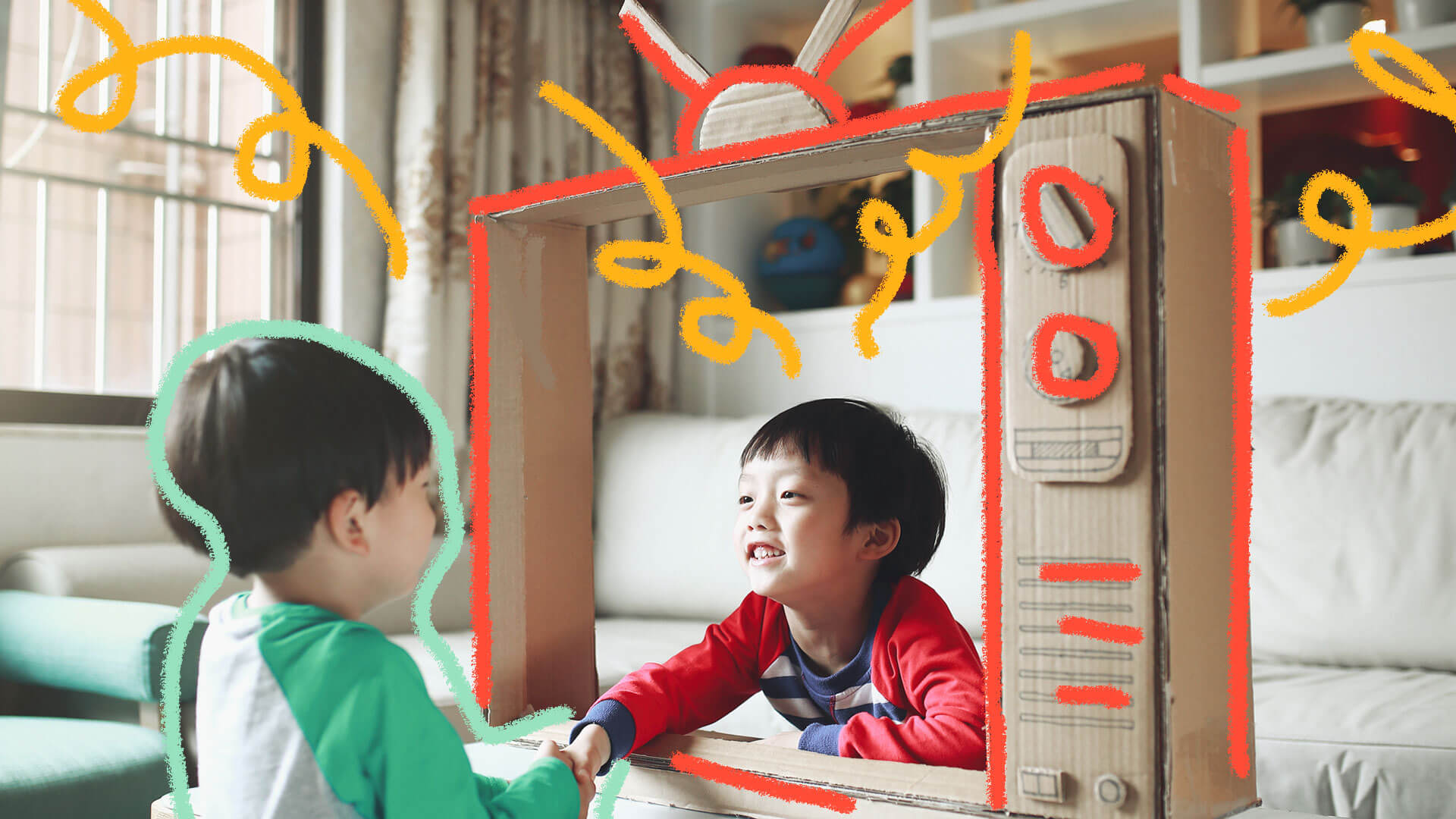 Desenhos infantis: foto de dois meninos que brincam. Ao lado esquerdo, um deles tenta puxar seu amigo que está dentro de uma televisão improvisada de papelão.