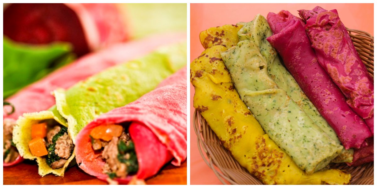 Duas fotos lado a lado mostram pratos de panquecas coloridas (verde, amarela, cor-de-rosa e roxa), recheadas de diferentes sabores.