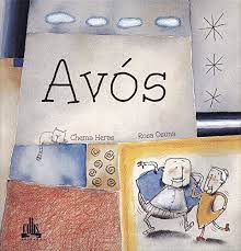 Capa do livro "Avós", Chema Heras e Rosa Osuna. Em um dos blocos, há um casal de velhos; acima deles, um gato.