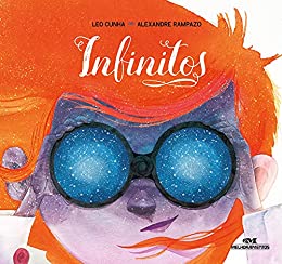 Capa do livro “Infinitos”, Leo Cunha e Alexandre Rampazo. Na capa, um personagem de cabelos vermelhos, pele lilás e óculos azuis.