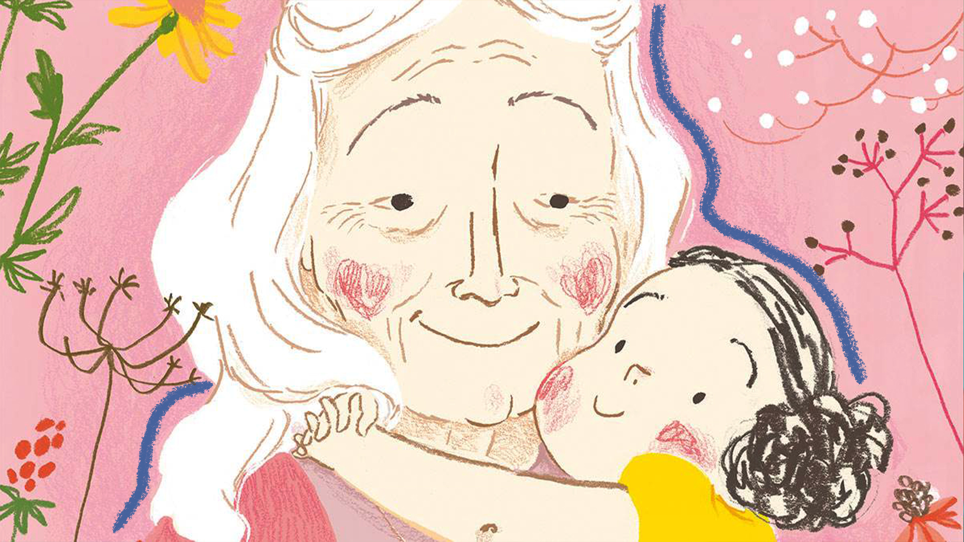 Ilustração do livro “As linhas do rosto da Nana”, de Simona Ciraolo. Uma menina abraça a avó enquanto a olha. Ao redor delas, flores sob um fundo cor de rosa.