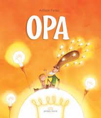Capa do livro “Opa”, Adilson Farias. Sentados em cima de uma lâmpada e cercados por outras, estão a neta e o avô, com seu chapéu igualmente cheio de lâmpadas. Predominam os tons de laranja e amarelo.