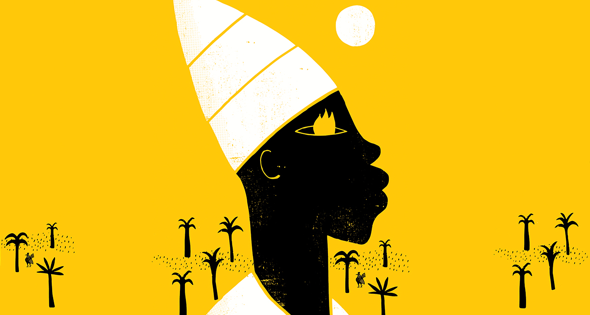 Ilustração interna do livro "Zumbi assombra quem" mostra um homem negro de perfil com turbante. Ao fundo, um amarelo com árvores e coqueiros.