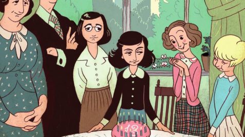 Ilustração mostra a família de Anne Frank ao redor de uma mesa, com um bolo de aniversário no meio.