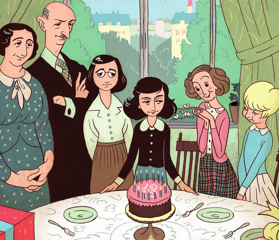 Ilustração mostra a família de Anne Frank ao redor de uma mesa, com um bolo de aniversário no meio.