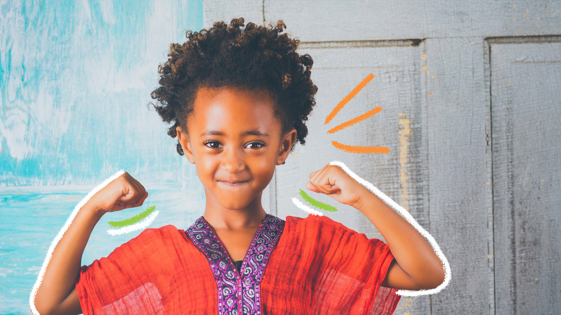 Foto de uma menina negra fazendo sinal de força com os dois braços, vestindo camisa vermelha e lenço lilás