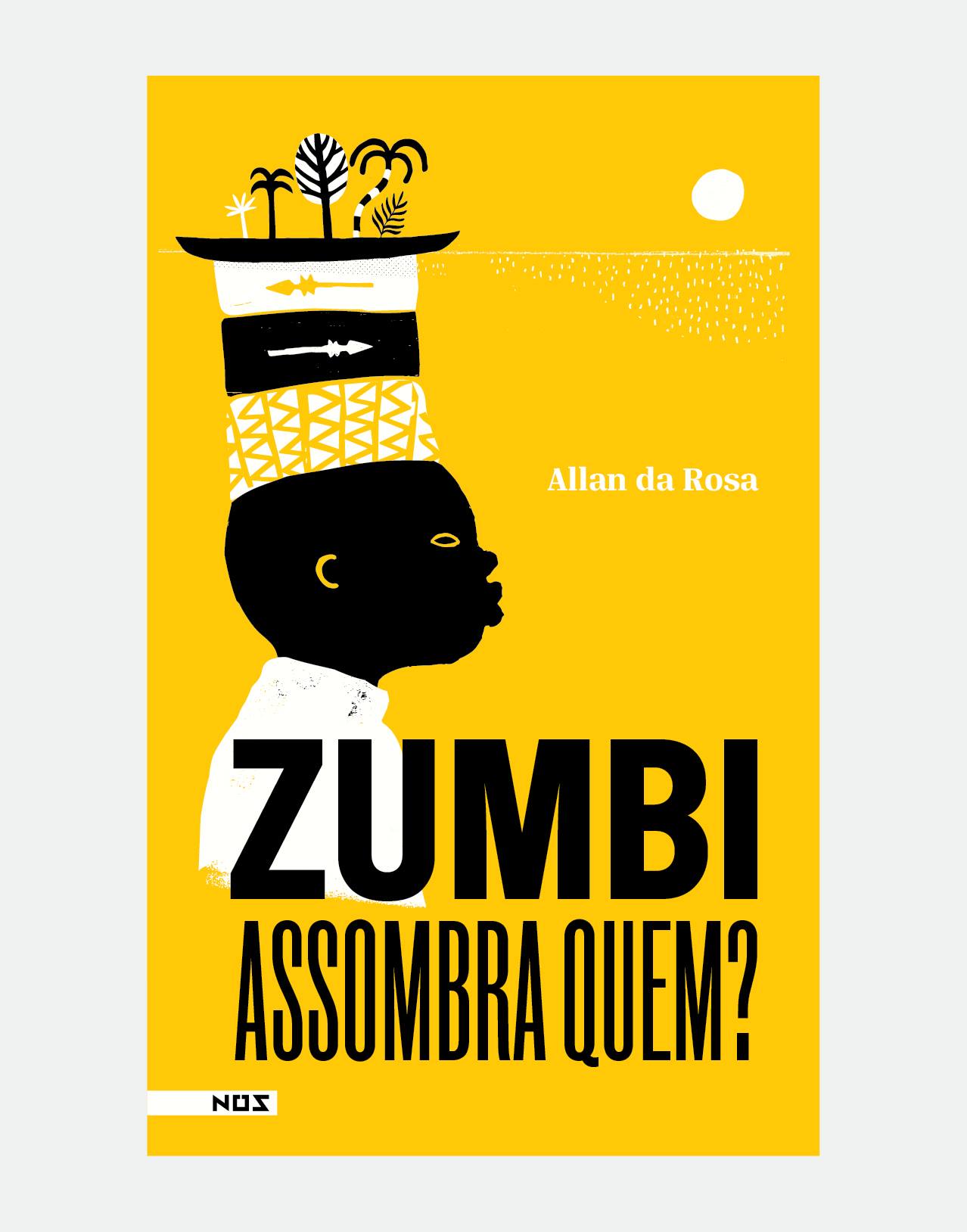 Capa do livro "Zumbi assombra quem?", de Allan da Rosa, com ilustração de um menino negro, de lado, que carrega na cabeça um chapéu com plantas.