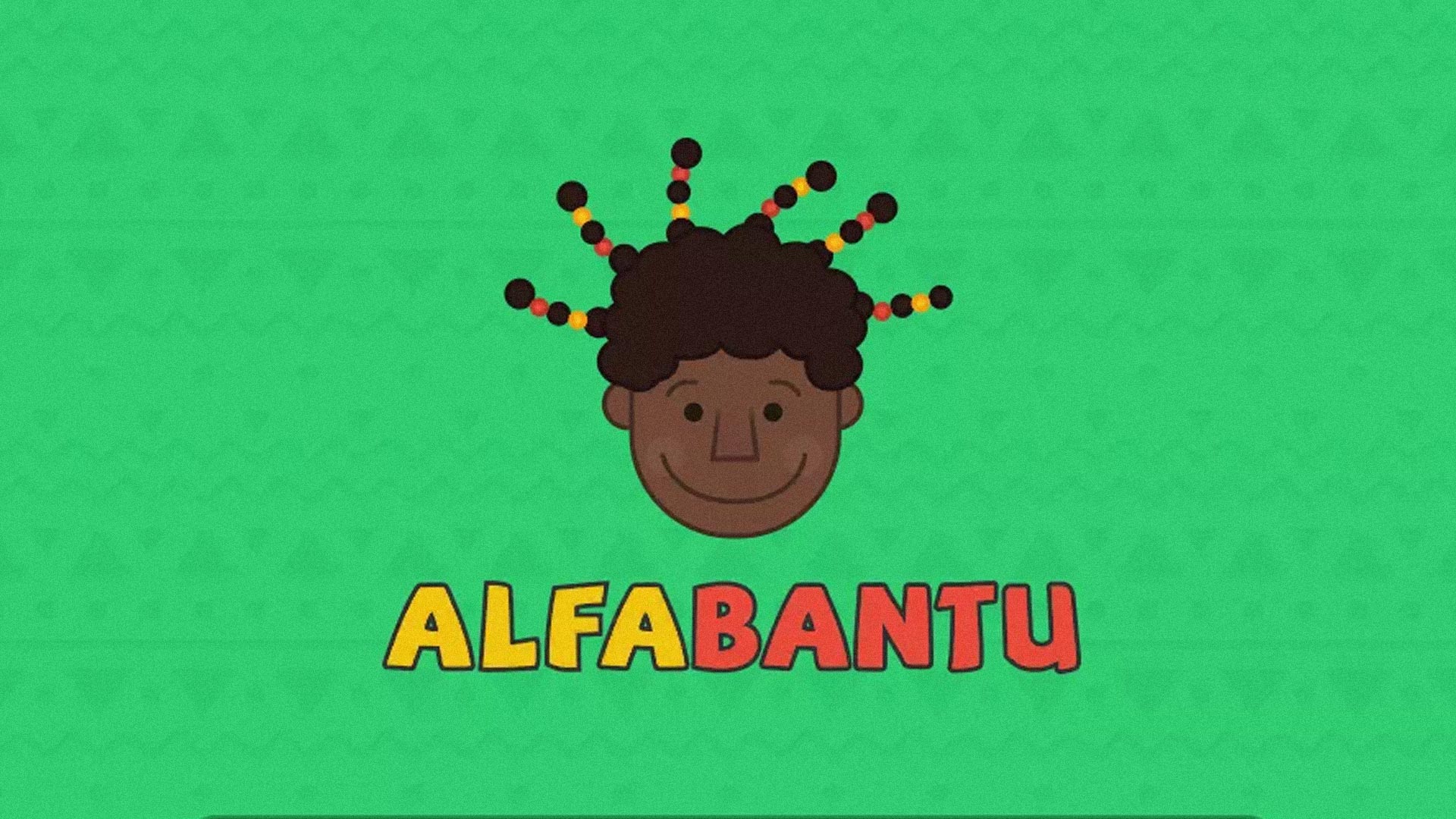 Fundo verde com o desenho de uma criança de cabelo crespo e o logo do Alfabantu