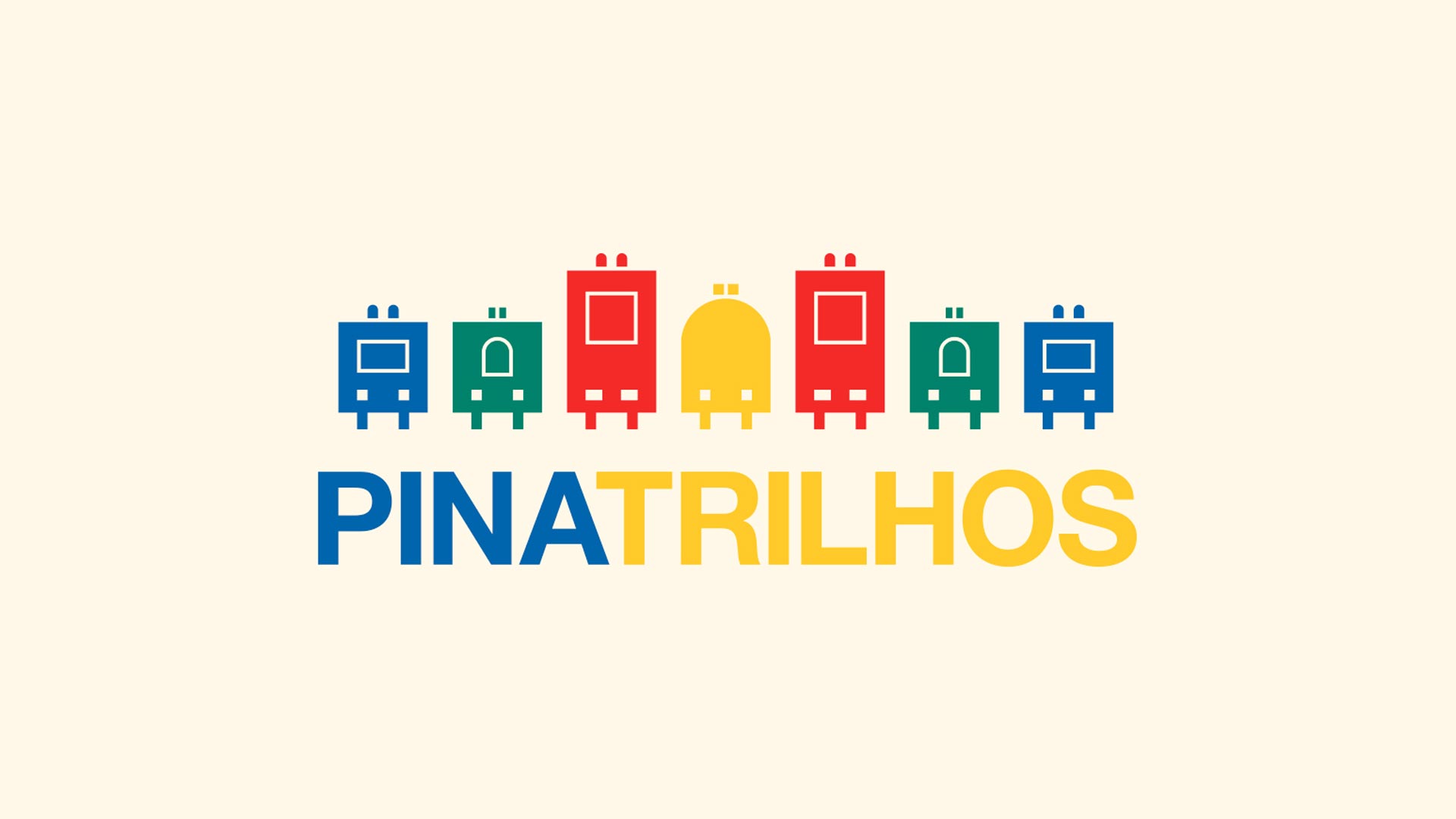 Logo do PinaTrilhas. Fundo rosa com trens coloridos