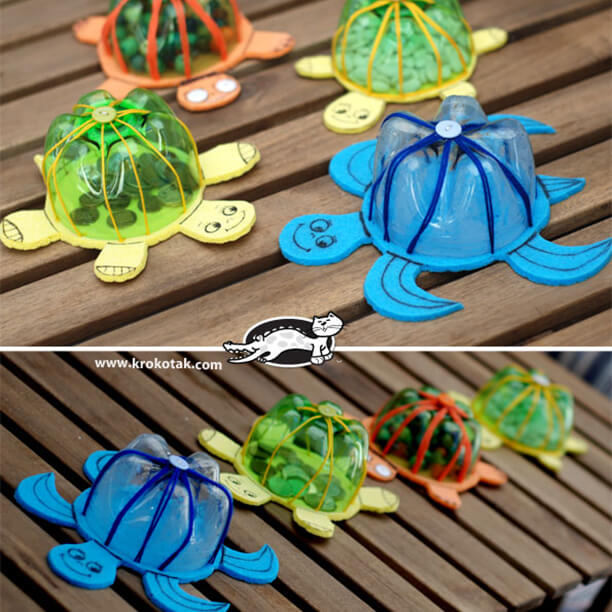 Tartarugas marinhas feitas com garrafa pet.