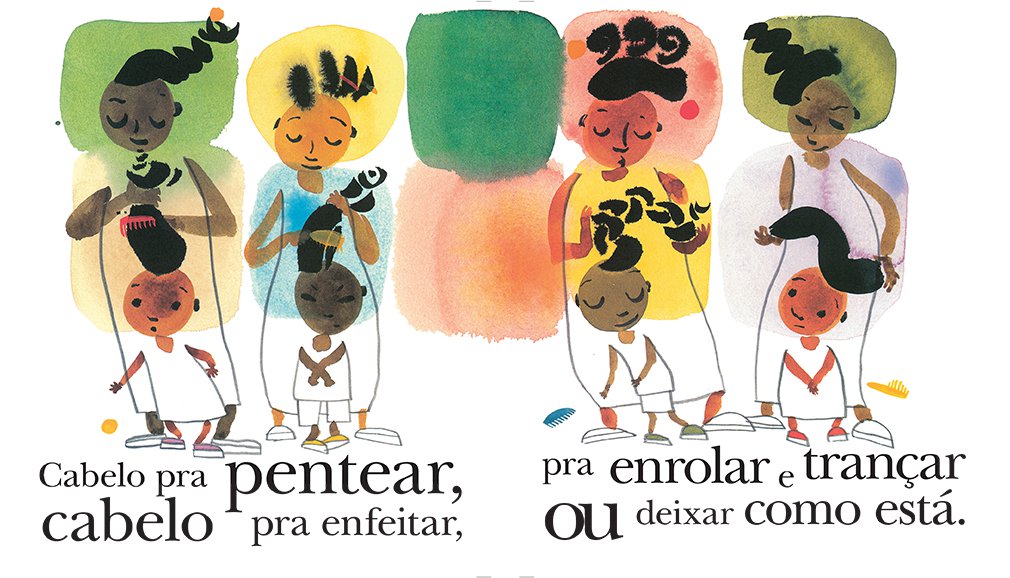 Ilustração interna do livro "Meu crespo é de rainha" mostra diversas meninas negras brincando e curtindo seus cabelos crespos.