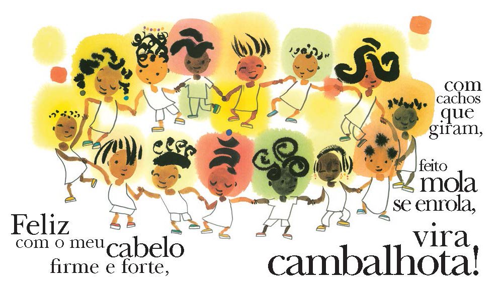 Ilustração interna do livro "Meu crespo é de rainha" mostra diversas meninas negras brincando e curtindo seus cabelos crespos.