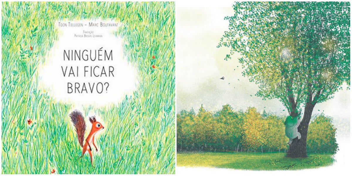 Ilustração de uma floresta com uma árvore ao lado direito, e um elefante pendurado nela.