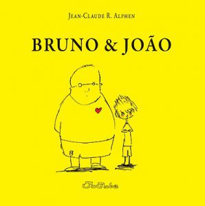 Capa do livro "Bruno & João". Em um fundo amarelo, dois meninos aparecem lado a lado com um pequeno coração no peito, indicando sua relação de afeto