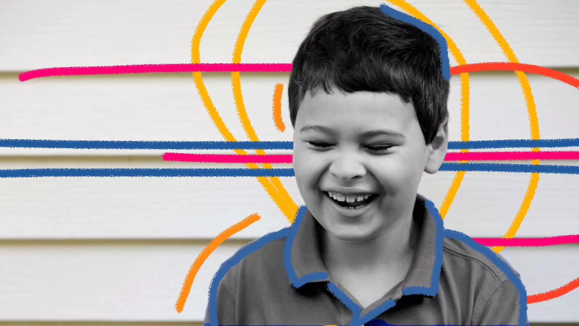 Uma foto preto e branco mostra um garotinho de cerca de quatro anos sorrindo. Grafismos azuis contornam o seu rosto. Matéria sobre "Em um mundo interior", primeiro documentário brasileiro sobre autismo