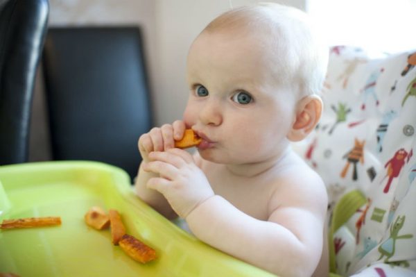 Método BLW para bebês: foto de bebê sentado em um cadeirão comendo pedaços de cenoura com as mãos.