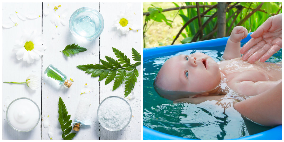 Duas fotos estão lado a lado. À esquerda, uma mesa tem potes com presença de sal e creme, além de plantas. Já à direita, um bebê está com parte do corpo submersa em uma banheira.