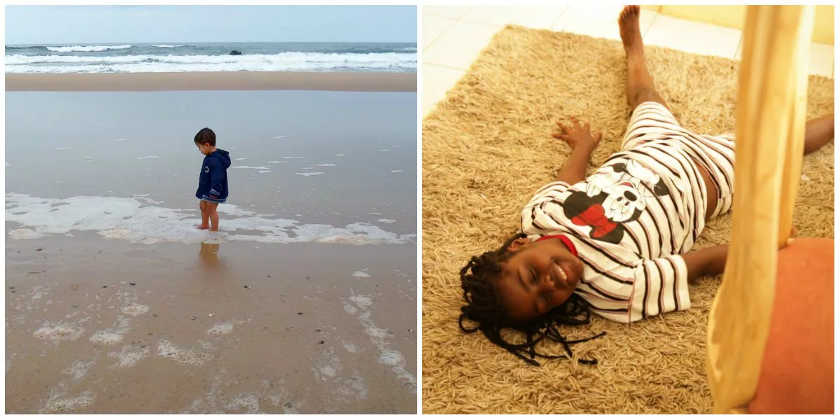 Duas fotos lado a lado. Na imagem da esquerda, um menino brinca de pé na areia. Na da direita, uma garotinha brinca deitada na areia