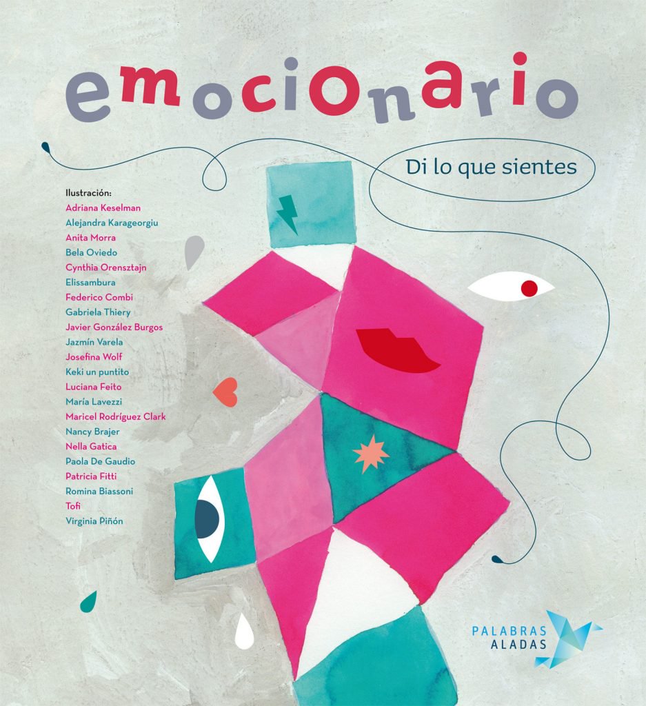Capa do livro "Emocionario" mostra uma colagem de figuras geométricas coloridas, simbolizando partes do corpo, como olhos, boca e nariz.