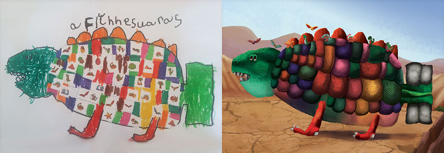 Crianças desenham dinossauros e um cientista analisa as espécies